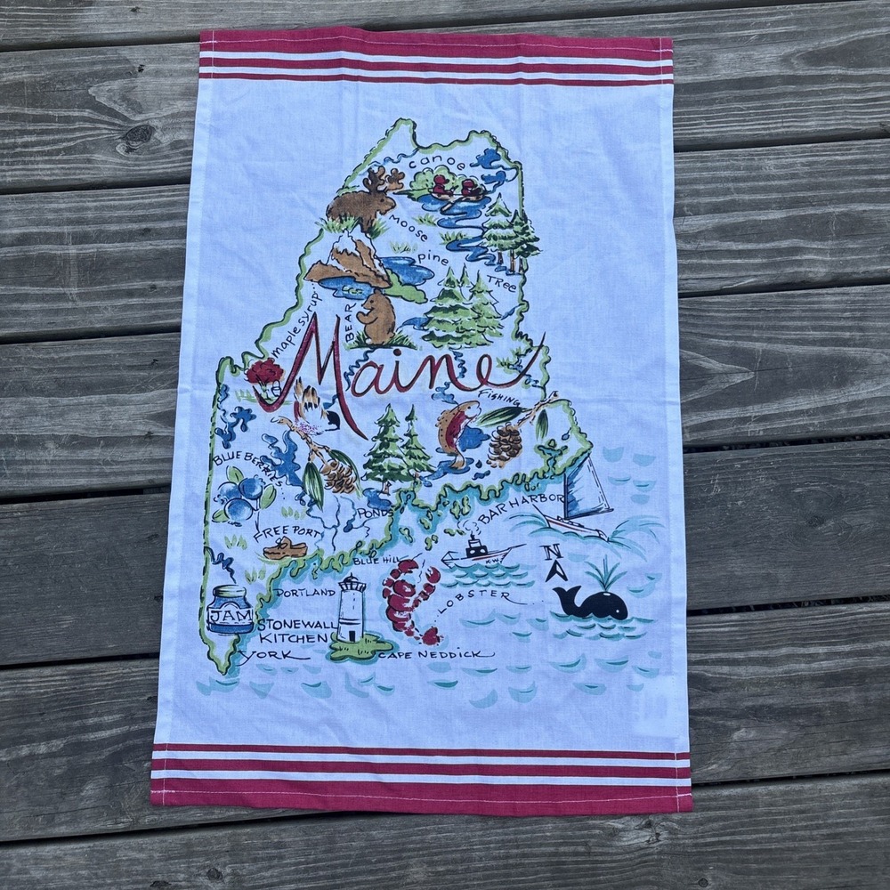 Stonewall Kitchen Tea Towel Maine Map Red Stripes cotton 18" X 28"